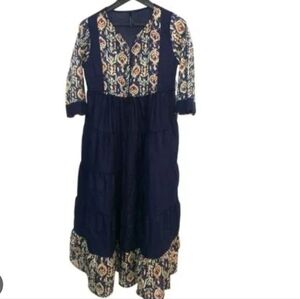 Here & Now Boho Navy Printed V-Neck Tiered Maxi Dress